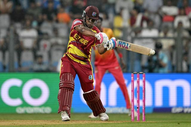 West Indies' Shimron Hetmyer plays a shot during the 2026 ICC Men's T20 Cricket World Cup Super Eights match between West Indies and Zimbabwe at the Wankhede Stadium in Mumbai on February 23, 2026. (Photo by Indranil MUKHERJEE / AFP)