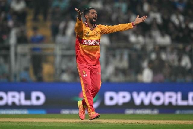 Zimbabwe's captain Sikandar Raza appeals during the 2026 ICC Men's T20 Cricket World Cup Super Eights match between West Indies and Zimbabwe at the Wankhede Stadium in Mumbai on February 23, 2026. (Photo by Punit PARANJPE / AFP)