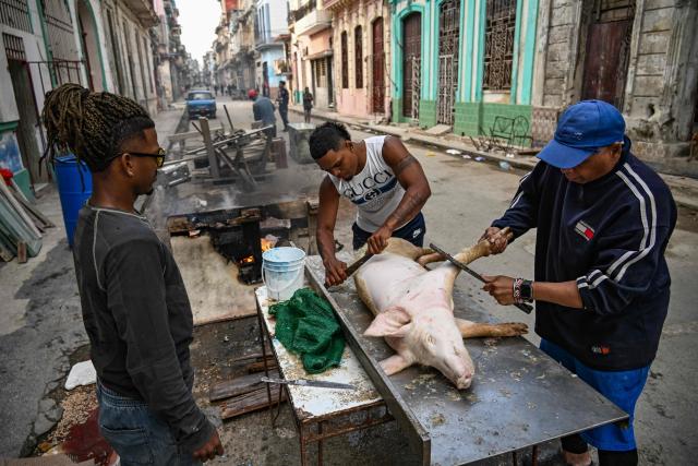 EDITORS NOTE: Graphic content / Two men scrape the hair off a slaughtered pig before butchering it on a street in Havana on February 23, 2026. (Photo by YAMIL LAGE / AFP)