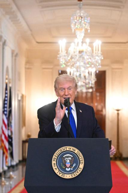 US President Donald Trump speaks during the Angel Families Remembrance Ceremony in the East Room of the White House in Washington, DC, on February 23, 2026. (Photo by SAUL LOEB / AFP)
