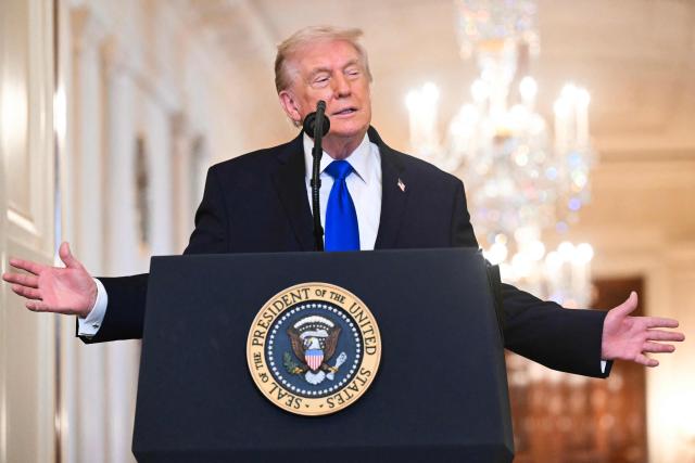 US President Donald Trump speaks during the Angel Families Remembrance Ceremony in the East Room of the White House in Washington, DC, on February 23, 2026. (Photo by SAUL LOEB / AFP)