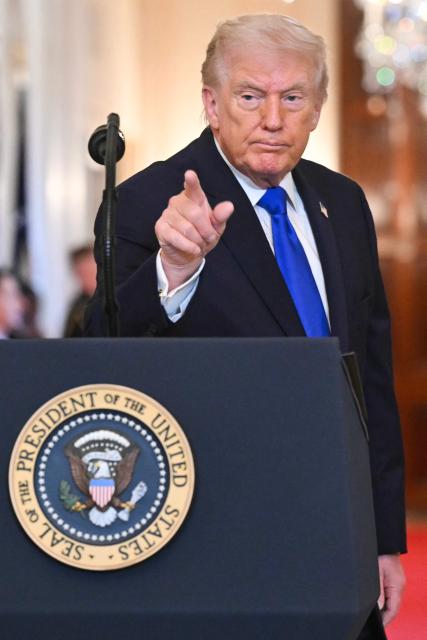 US President Donald Trump speaks during the Angel Families Remembrance Ceremony in the East Room of the White House in Washington, DC, on February 23, 2026. (Photo by SAUL LOEB / AFP)