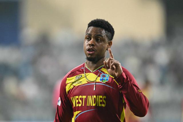 West Indies' Shimron Hetmyer gestures during the 2026 ICC Men's T20 Cricket World Cup Super Eights match between West Indies and Zimbabwe at the Wankhede Stadium in Mumbai on February 23, 2026. (Photo by Indranil MUKHERJEE / AFP)