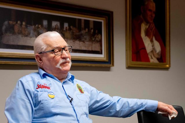 Former Poland's President and 1983 Nobel Peace Prize laureate Lech Walesa speaks during an interview with AFP journalists in his office at the European Solidarity Centre in Gdansk on February 23, 2026. (Photo by MATEUSZ SLODKOWSKI / AFP)