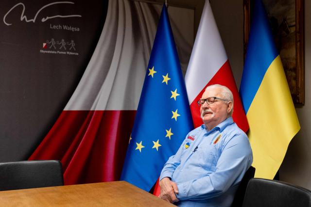 Former Poland's President and 1983 Nobel Peace Prize laureate Lech Walesa speaks during an interview with AFP journalists in his office at the European Solidarity Centre in Gdansk on February 23, 2026. (Photo by MATEUSZ SLODKOWSKI / AFP)
