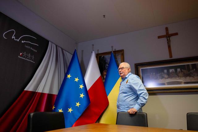 Former Poland's President and 1983 Nobel Peace Prize laureate Lech Walesa stands in his office at the European Solidarity Centre in Gdansk on February 23, 2026. (Photo by MATEUSZ SLODKOWSKI / AFP)