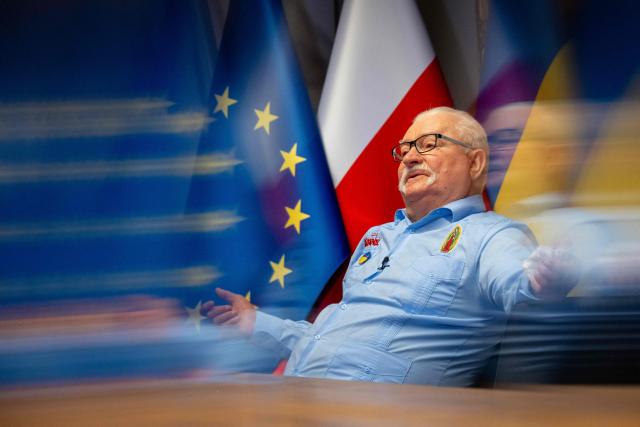Former Poland's President and 1983 Nobel Peace Prize laureate Lech Walesa gestures during an interview with AFP journalists in his office at the European Solidarity Centre in Gdansk on February 23, 2026. (Photo by MATEUSZ SLODKOWSKI / AFP)