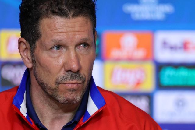 Atletico Madrid's Argentine coach Diego Simeone gives a press conference on the eve of their UEFA Champions League knockout round play-off second leg football match against Club Brugge KV at the Metropolitano Stadium in Madrid on February 23, 2026. (Photo by Thomas COEX / AFP)