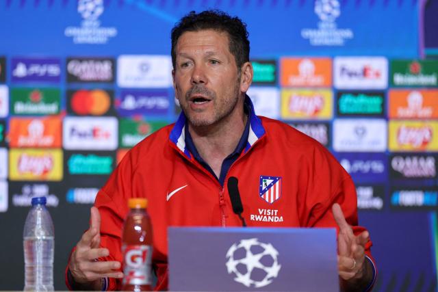 Atletico Madrid's Argentine coach Diego Simeone gives a press conference on the eve of their UEFA Champions League knockout round play-off second leg football match against Club Brugge KV at the Metropolitano Stadium in Madrid on February 23, 2026. (Photo by Thomas COEX / AFP)