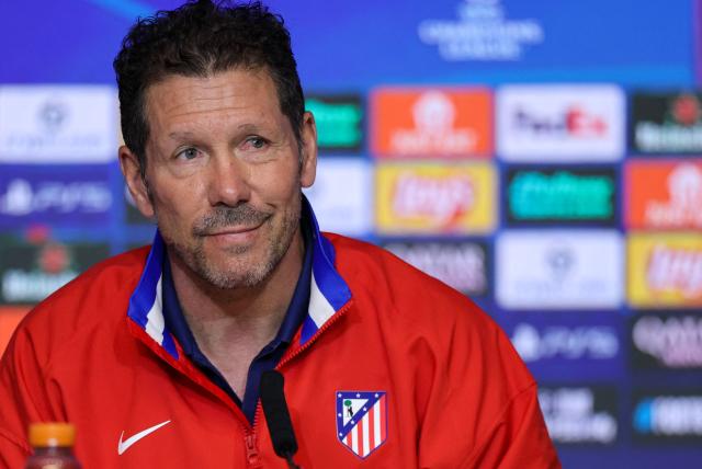 Atletico Madrid's Argentine coach Diego Simeone gives a press conference on the eve of their UEFA Champions League knockout round play-off second leg football match against Club Brugge KV at the Metropolitano Stadium in Madrid on February 23, 2026. (Photo by Thomas COEX / AFP)