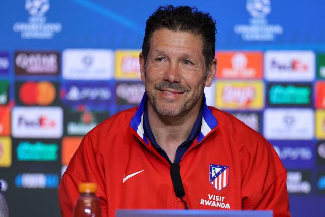 Atletico Madrid's Argentine coach Diego Simeone gives a press conference on the eve of their UEFA Champions League knockout round play-off second leg football match against Club Brugge KV at the Metropolitano Stadium in Madrid on February 23, 2026. (Photo by Thomas COEX / AFP)