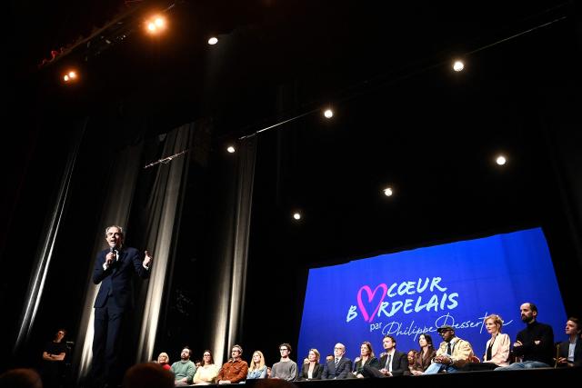 Candidate for the upcoming municipal election in Bordeaux Philippe Dessertine speaks during an electoral meeting at a theatre in Bordeaux, south-western France, on February 23, 2026. (Photo by Christophe ARCHAMBAULT / AFP)