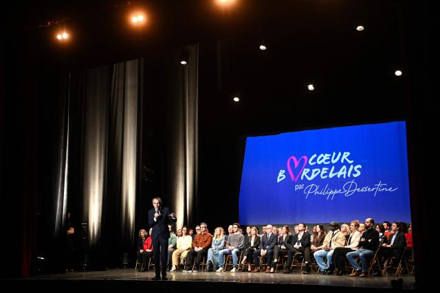 Candidate for the upcoming municipal election in Bordeaux Philippe Dessertine speaks during an electoral meeting at a theatre in Bordeaux, south-western France, on February 23, 2026. (Photo by Christophe ARCHAMBAULT / AFP)