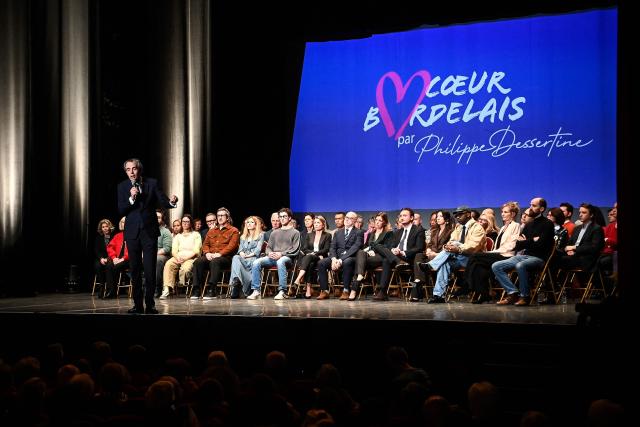 Candidate for the upcoming municipal election in Bordeaux Philippe Dessertine speaks during an electoral meeting at a theatre in Bordeaux, south-western France, on February 23, 2026. (Photo by Christophe ARCHAMBAULT / AFP)