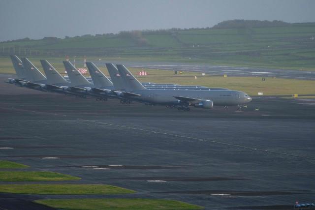 A row of some of the fifteen US Airforce KC-46 Pegasus tankers and one P-8 Poseidon tankers from the US Navy are seen stationed at Lajes Air Base, Praia da Vitória, Terceira island, in the Azores archipielago in the Atlantic Ocean on February 23, 2026. Amid tensions with Iran, the United States has intensified its use of the Lajes air base in the Azores. The two countries are scheduled to resume their diplomatic talks on Thursday. (Photo by ANTONIO ARAUJO / AFP)