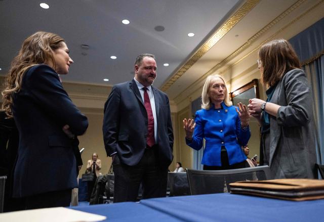 (L-R) Comedy writer and children's book author Bess Kalb, Reporters Committee for Freedom of Press Vice President of Policy Gabe Rotman, Representative Mary Gay Scanlon (D-PA) and Protect Democracy special counsel and program lead for free expression Rachel Goodman speak before a hearing on "Silencing Dissent: The First Amendment Under Attack" on Capitol Hill in Washington, DC on February 23, 2026. (Photo by ANDREW CABALLERO-REYNOLDS / AFP)