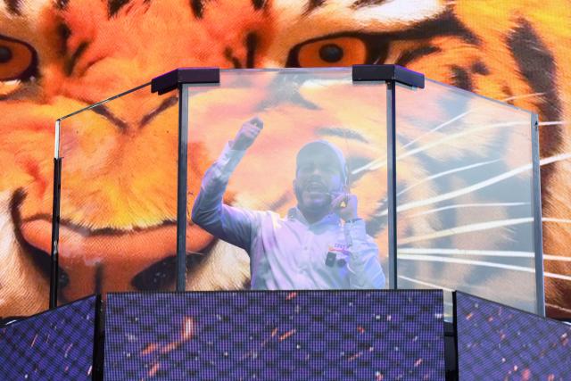 Colombian presidential candidate Abelardo de la Espriella, of the political movement Defensores de la Patria, speaks behind bulletproof glass during a campaign event in La Ceja, Antioquia Department, Colombia on February 23, 2026. (Photo by Jaime SALDARRIAGA / AFP)