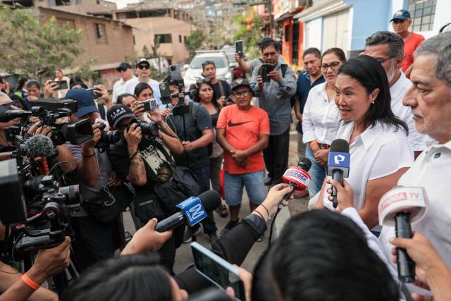 Peruvian presidential candidate of the People's Force party, Keiko Fujimori, speaks to the press during a campaign event at Valle Alto health centre in Lima on February 23, 2026. Peru will hold a presidential election on April 12, 2026. (Photo by Connie FRANCE / AFP)