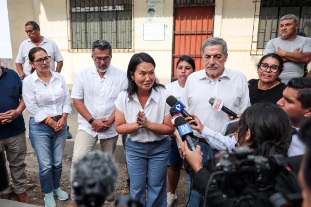 Peruvian presidential candidate of the People's Force party, Keiko Fujimori, speaks to the press during a campaign event at Valle Alto health centre in Lima on February 23, 2026. Peru will hold a presidential election on April 12, 2026. (Photo by Connie FRANCE / AFP)