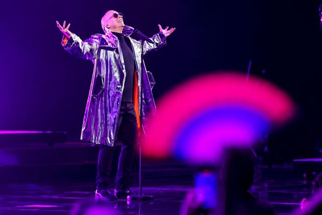 British singer Neil Tennant, of synth-pop duo Pet Shop Boys, performs on stage during the 65th Vina del Mar International Song Festival in Vina del Mar, Chile on February 23, 2025. (Photo by Javier TORRES / AFP)