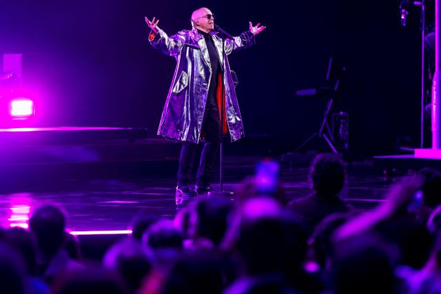 British singer Neil Tennant, of synth-pop duo Pet Shop Boys, performs on stage during the 65th Vina del Mar International Song Festival in Vina del Mar, Chile on February 23, 2025. (Photo by Javier TORRES / AFP)
