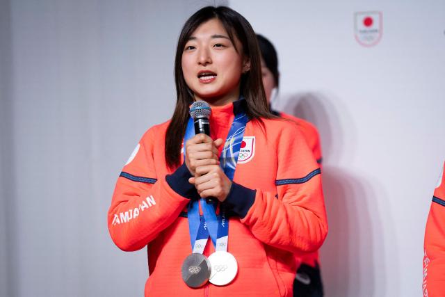 Milano Cortina 2026 Winter Olympic Games silver medallist in the figure skating event Japan's Kaori Sakamoto attends a press conference in Tokyo on February 24, 2026. (Photo by Yuichi YAMAZAKI / AFP)