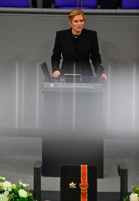 Bundestag President and member of Germany's Christian Democratic Union (CDU) Julia Kloeckner speaks during a commemoration ceremony for late former Bundestag President Rita Suessmuth at the Bundestag (lower house of parliament) in Berlin, on February 24, 2026. (Photo by John MACDOUGALL / AFP)