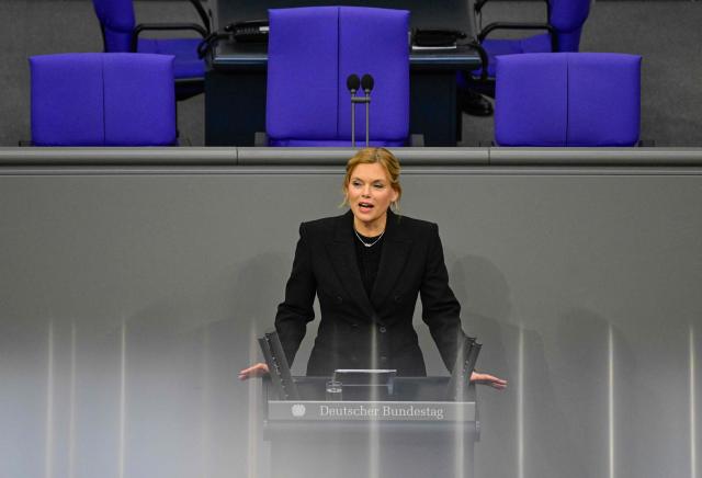 Bundestag President and member of Germany's Christian Democratic Union (CDU) Julia Kloeckner speaks during a commemoration ceremony for late former Bundestag President Rita Suessmuth at the Bundestag (lower house of parliament) in Berlin, on February 24, 2026. (Photo by John MACDOUGALL / AFP)