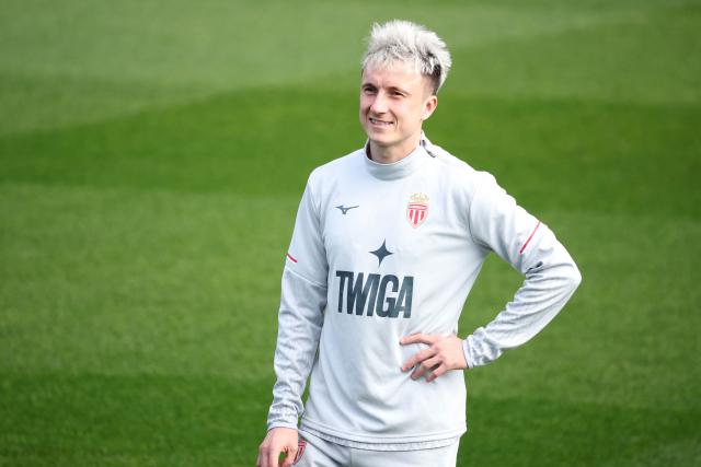 Monaco's Russian midfielder #10 Aleksandr Golovin looks on during a training session in La Turbie training centre near Monaco on February 24, 2026, on the eve of their UEFA Champions League knockout round play-off second Leg football match against Paris Saint-Germain (PSG). (Photo by Valery HACHE / AFP)
