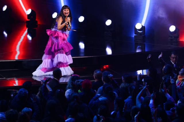 Colombian singer Li Saumet, of the band Bomba Estereo, performs on stage during the 65th Vina del Mar International Song Festival in Vina del Mar, Chile, early on February 24, 2026. (Photo by Javier TORRES / AFP)