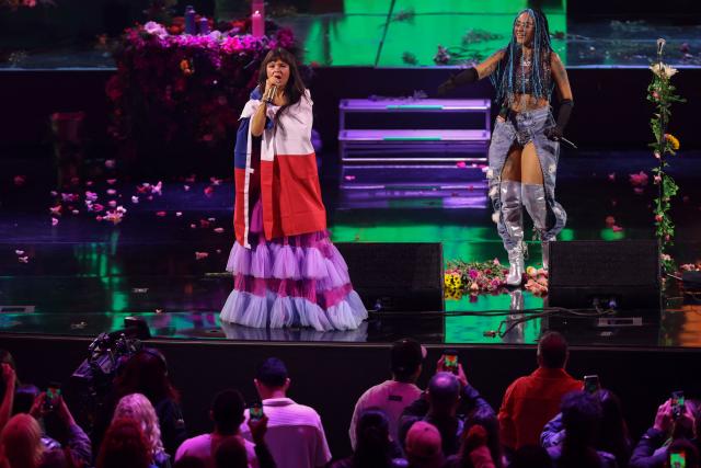 Colombian singer Li Saumet, of the band Bomba Estereo, performs on stage during the 65th Vina del Mar International Song Festival in Vina del Mar, Chile, early on February 24, 2026. (Photo by Javier TORRES / AFP)