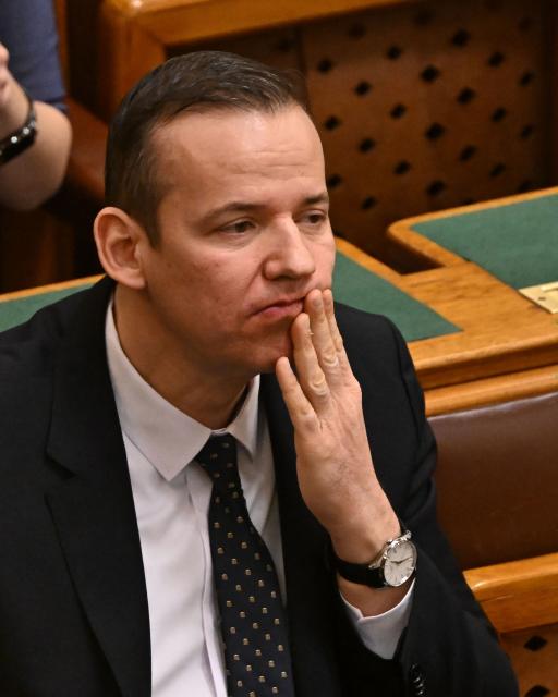 Member of the Hungarian Parliament, President of the Our Homeland Movement Laszlo Toroczkai is seen in the main hall of the parliament building during the spring session of the Hungarian Parliament on February 23, 2026 in Budapest, Hungary. Hungarian Prime Minister Viktor Orban is facing the toughest challenge since returning to power in 2010, with his Fidesz party trailing the opposition TISZA party in opinion polls ahead of parliamentary elections on April 12, 2026. (Photo by Attila KISBENEDEK / AFP)