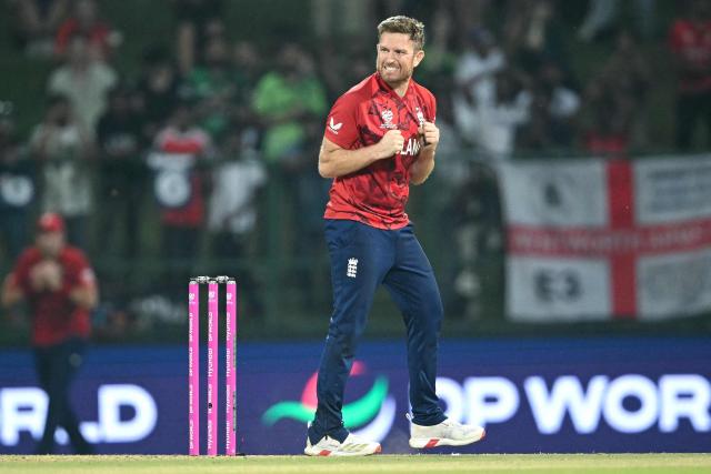 England's Liam Dawson celebrates after taking the wicket of Pakistan's Usman Khan during the 2026 ICC Men's T20 Cricket World Cup Super Eights match between England and Pakistan at the Pallekele International Cricket Stadium in Kandy on February 24, 2026. (Photo by Dibyangshu SARKAR / AFP)
