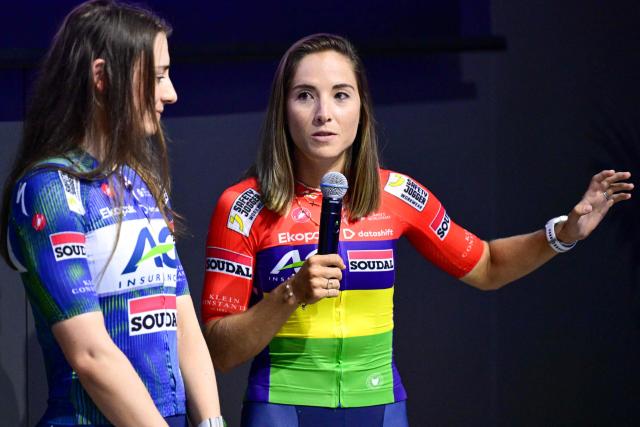 AG Insurance-Soudal's Italian Letizia Borghesi and Mauritian Kimberley Le Court Pienaar (R) attend the presentation of the AG Insurance-Soudal women's team, in Brussels on February 24, 2026. (Photo by DIRK WAEM / Belga / AFP) / Belgium OUT