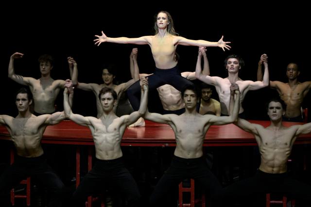 Dancers from 'Bejart Ballet Lausanne' (BBL) of Switzerland perform during a rehearsal of "Bolero", choregraphed by Maurice Bejart to the music of Maurice Ravel, as part of the three unique ballets brought together at Zorlu Performing Arts Center (PSM) in Istanbul on February 21, 2026. (Photo by Yasin AKGUL / AFP)