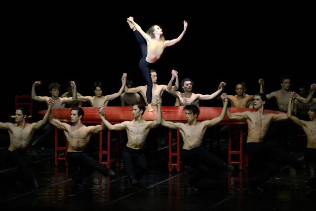 Dancers from 'Bejart Ballet Lausanne' (BBL) of Switzerland perform during a rehearsal of "Bolero", choregraphed by Maurice Bejart to the music of Maurice Ravel, as part of the three unique ballets brought together at Zorlu Performing Arts Center (PSM) in Istanbul on February 21, 2026. (Photo by Yasin AKGUL / AFP)