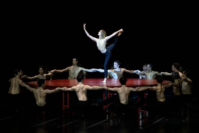 Dancers from 'Bejart Ballet Lausanne' (BBL) of Switzerland perform during a rehearsal of "Bolero", choregraphed by Maurice Bejart to the music of Maurice Ravel, as part of the three unique ballets brought together at Zorlu Performing Arts Center (PSM) in Istanbul on February 21, 2026. (Photo by Yasin AKGUL / AFP)