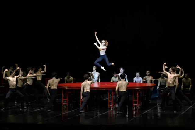 Dancers from 'Bejart Ballet Lausanne' (BBL) of Switzerland perform during a rehearsal of "Bolero", choregraphed by Maurice Bejart to the music of Maurice Ravel, as part of the three unique ballets brought together at Zorlu Performing Arts Center (PSM) in Istanbul on February 21, 2026. (Photo by Yasin AKGUL / AFP)