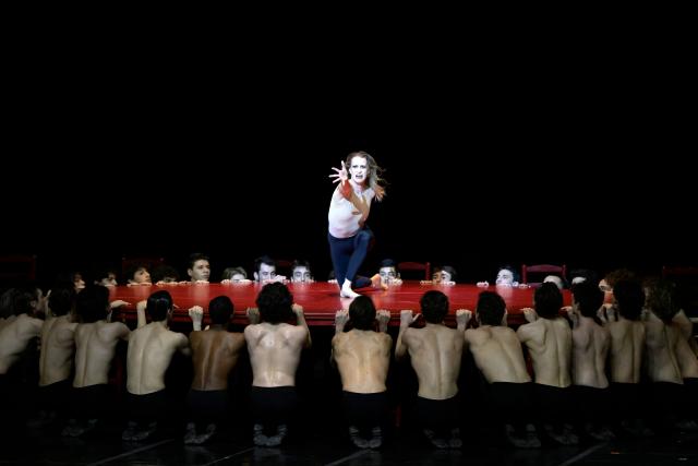 Dancers from 'Bejart Ballet Lausanne' (BBL) of Switzerland perform during a rehearsal of "Bolero", choregraphed by Maurice Bejart to the music of Maurice Ravel, as part of the three unique ballets brought together at Zorlu Performing Arts Center (PSM) in Istanbul on February 21, 2026. (Photo by Yasin AKGUL / AFP)