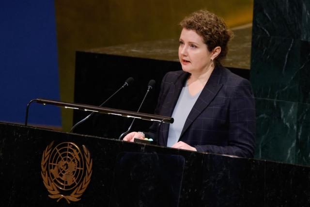Russian Deputy Permanent Representative to the United Nations Anna Evstigneeva, speaks during the United Nations General Assembly meeting on Ukraine at UN Headquarters in New York, on February 24, 2026. February 24, 2026 marks the fourth anniversary of Russia's war against Ukraine. (Photo by Leonardo Munoz / AFP)