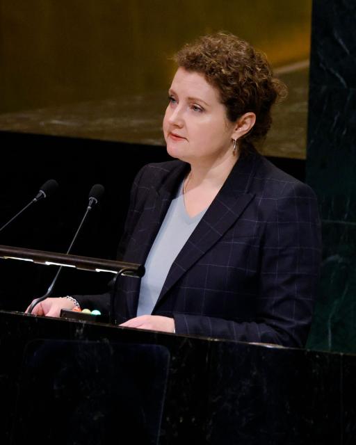 Russian Deputy Permanent Representative to the United Nations Anna Evstigneeva, speaks during the United Nations General Assembly meeting on Ukraine at UN Headquarters in New York, on February 24, 2026. February 24, 2026 marks the fourth anniversary of Russia's war against Ukraine. (Photo by Leonardo Munoz / AFP)