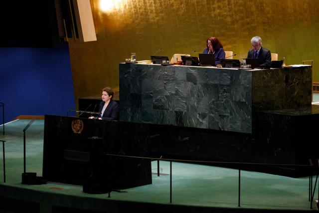 Russian Deputy Permanent Representative to the United Nations Anna Evstigneeva, speaks during the United Nations General Assembly meeting on Ukraine at UN Headquarters in New York, on February 24, 2026. February 24, 2026 marks the fourth anniversary of Russia's war against Ukraine. (Photo by Leonardo Munoz / AFP)
