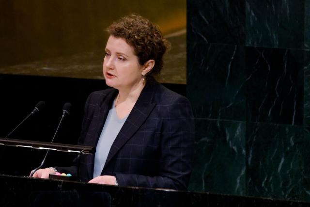 Russian Deputy Permanent Representative to the United Nations Anna Evstigneeva, speaks during the United Nations General Assembly meeting on Ukraine at UN Headquarters in New York, on February 24, 2026. February 24, 2026 marks the fourth anniversary of Russia's war against Ukraine. (Photo by Leonardo Munoz / AFP)