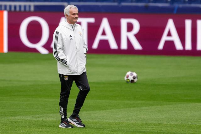SL Benfica's Portuguese head coach Jose Mourinho smiles during a training session on the eve of their UEFA Champions League knockout round play-off second leg football match against Real Madrid CF at Santiago Bernabeu Stadium in Madrid on February 24, 2026. (Photo by Oscar DEL POZO / AFP)