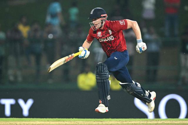 England's captain Harry Brook takes a run during the 2026 ICC Men's T20 Cricket World Cup Super Eights match between England and Pakistan at the Pallekele International Cricket Stadium in Kandy on February 24, 2026. (Photo by Dibyangshu SARKAR / AFP)