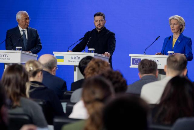 European Council President Antonio Costa (L), Ukraine's President Volodymyr Zelensky (C) and the President of the European Commission Ursula von der Leyen (R) attend a press conference in Kyiv on February 24, 2026, as Ukraine marks the fourth anniversary of Russia's invasion. EU chief Ursula von der Leyen said on February 24, 2026 the bloc would make good on a 90-billion-euro ($106-billion) loan for Ukraine despite the Kremlin-friendly leader of Hungary, Viktor Orban, blocking the measure. (Photo by Tetiana DZHAFAROVA / AFP)