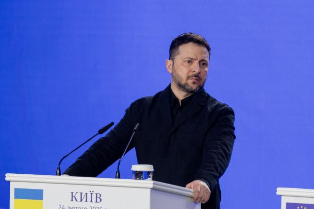 Ukraine's President Volodymyr Zelensky attends a press conference in Kyiv on February 24, 2026, as Ukraine marks the fourth anniversary of Russia's invasion. EU chief said on February 24, 2026 the bloc would make good on a 90-billion-euro ($106-billion) loan for Ukraine despite the Kremlin-friendly leader of Hungary, Viktor Orban, blocking the measure. (Photo by Tetiana DZHAFAROVA / AFP)
