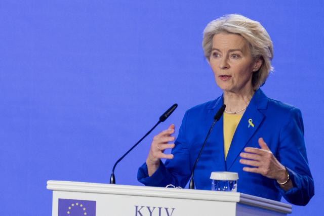 President of the European Commission Ursula von der Leyen attends a press conference in Kyiv on February 24, 2026, as Ukraine marks the fourth anniversary of Russia's invasion. EU chief said on February 24, 2026 the bloc would make good on a 90-billion-euro ($106-billion) loan for Ukraine despite the Kremlin-friendly leader of Hungary, Viktor Orban, blocking the measure. (Photo by Tetiana DZHAFAROVA / AFP)