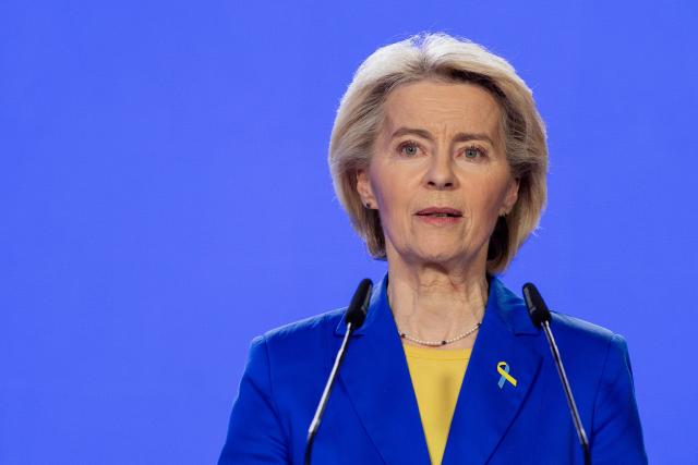 President of the European Commission Ursula von der Leyen attends a press conference in Kyiv on February 24, 2026, as Ukraine marks the fourth anniversary of Russia's invasion. EU chief said on February 24, 2026 the bloc would make good on a 90-billion-euro ($106-billion) loan for Ukraine despite the Kremlin-friendly leader of Hungary, Viktor Orban, blocking the measure. (Photo by Tetiana DZHAFAROVA / AFP)