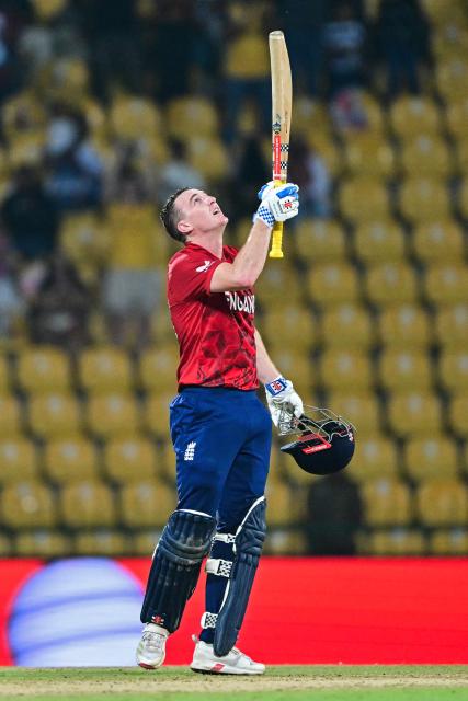 England's captain Harry Brook celebrates after scoring a century (100 runs) during the 2026 ICC Men's T20 Cricket World Cup Super Eights match between England and Pakistan at the Pallekele International Cricket Stadium in Kandy on February 24, 2026. (Photo by Ishara S. KODIKARA / AFP)